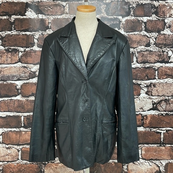 BCBGMAXAZRIA Jacket Women's 12 Black Leather Collar Buttons Pockets Blazer - Picture 5 of 17